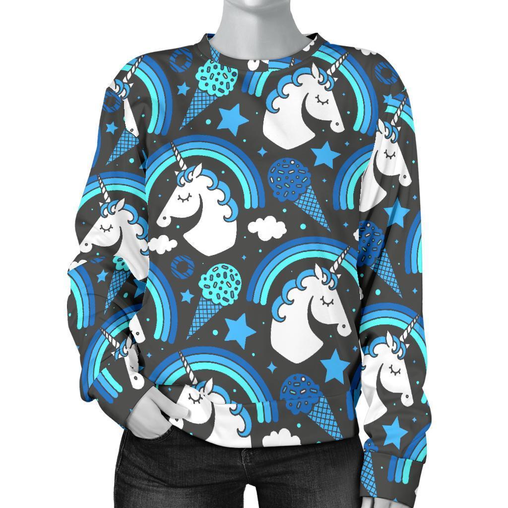 Blue Rainbow Unicorn Pattern Print Women's Crewneck Sweatshirt GearFrost
