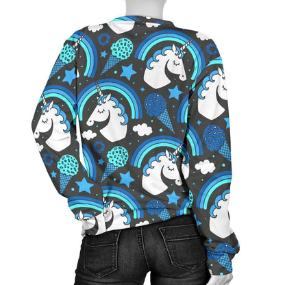 Blue Rainbow Unicorn Pattern Print Women's Crewneck Sweatshirt GearFrost