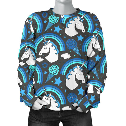 Blue Rainbow Unicorn Pattern Print Women's Crewneck Sweatshirt GearFrost