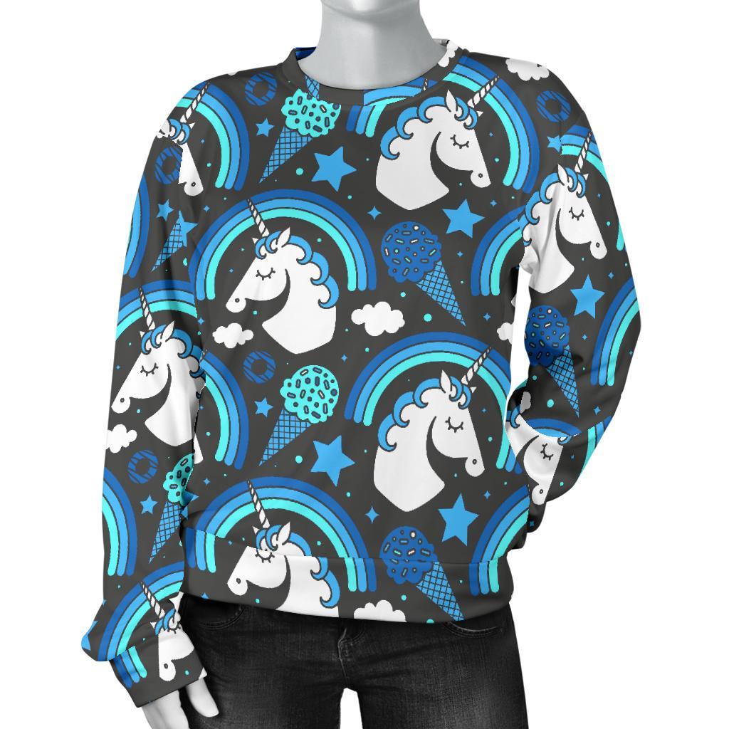 Blue Rainbow Unicorn Pattern Print Women's Crewneck Sweatshirt GearFrost