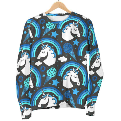 Blue Rainbow Unicorn Pattern Print Women's Crewneck Sweatshirt GearFrost