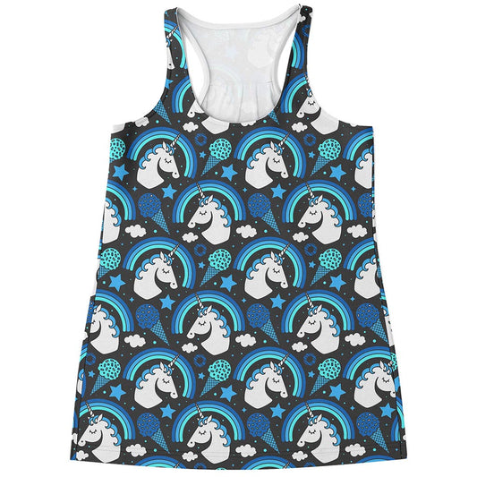 Blue Rainbow Unicorn Pattern Print Women's Racerback Tank Top