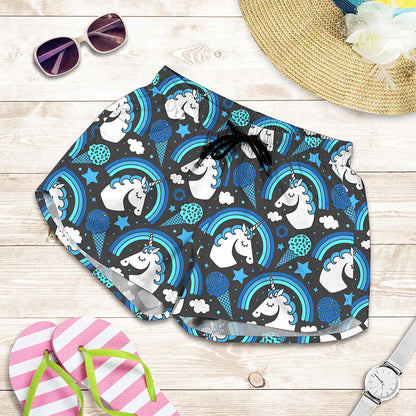 Blue Rainbow Unicorn Pattern Print Women's Shorts