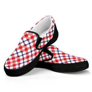 Blue Red And White American Plaid Print Black Slip On Shoes