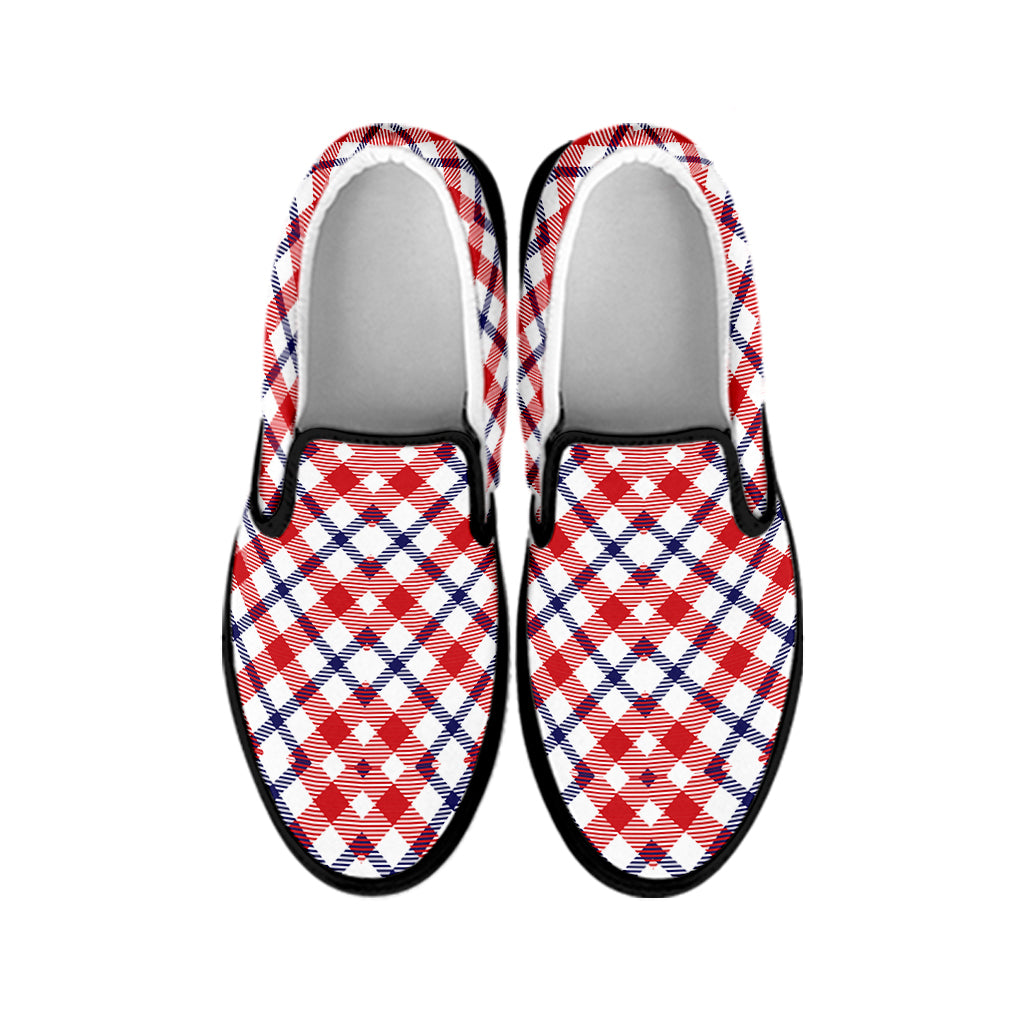 Blue Red And White American Plaid Print Black Slip On Shoes