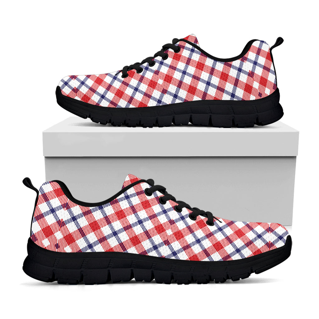 Blue Red And White American Plaid Print Black Sneakers
