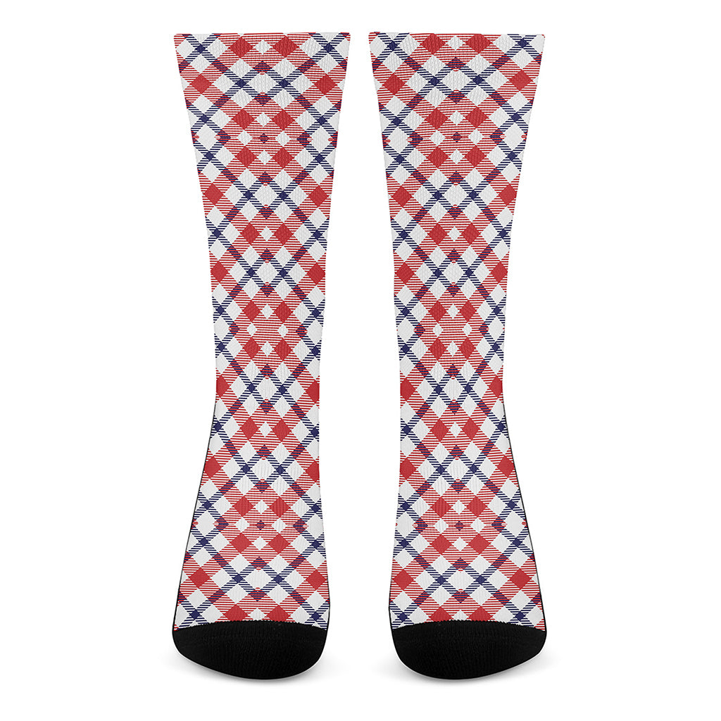 Blue Red And White American Plaid Print Crew Socks