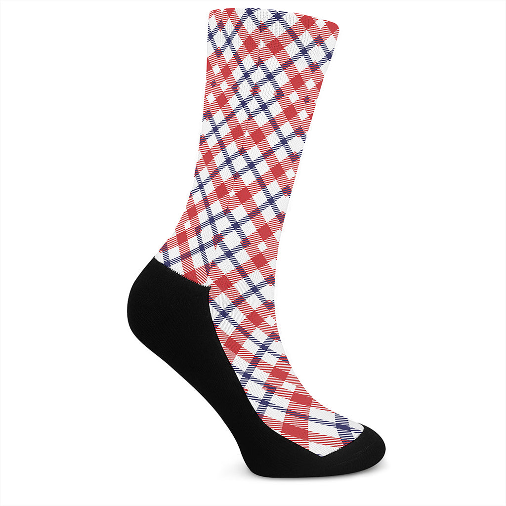 Blue Red And White American Plaid Print Crew Socks