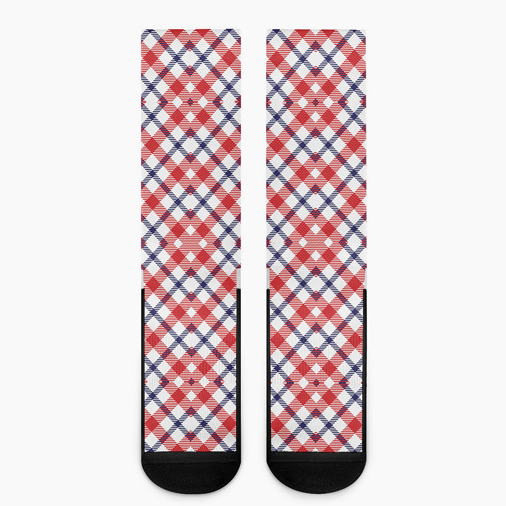 Blue Red And White American Plaid Print Crew Socks