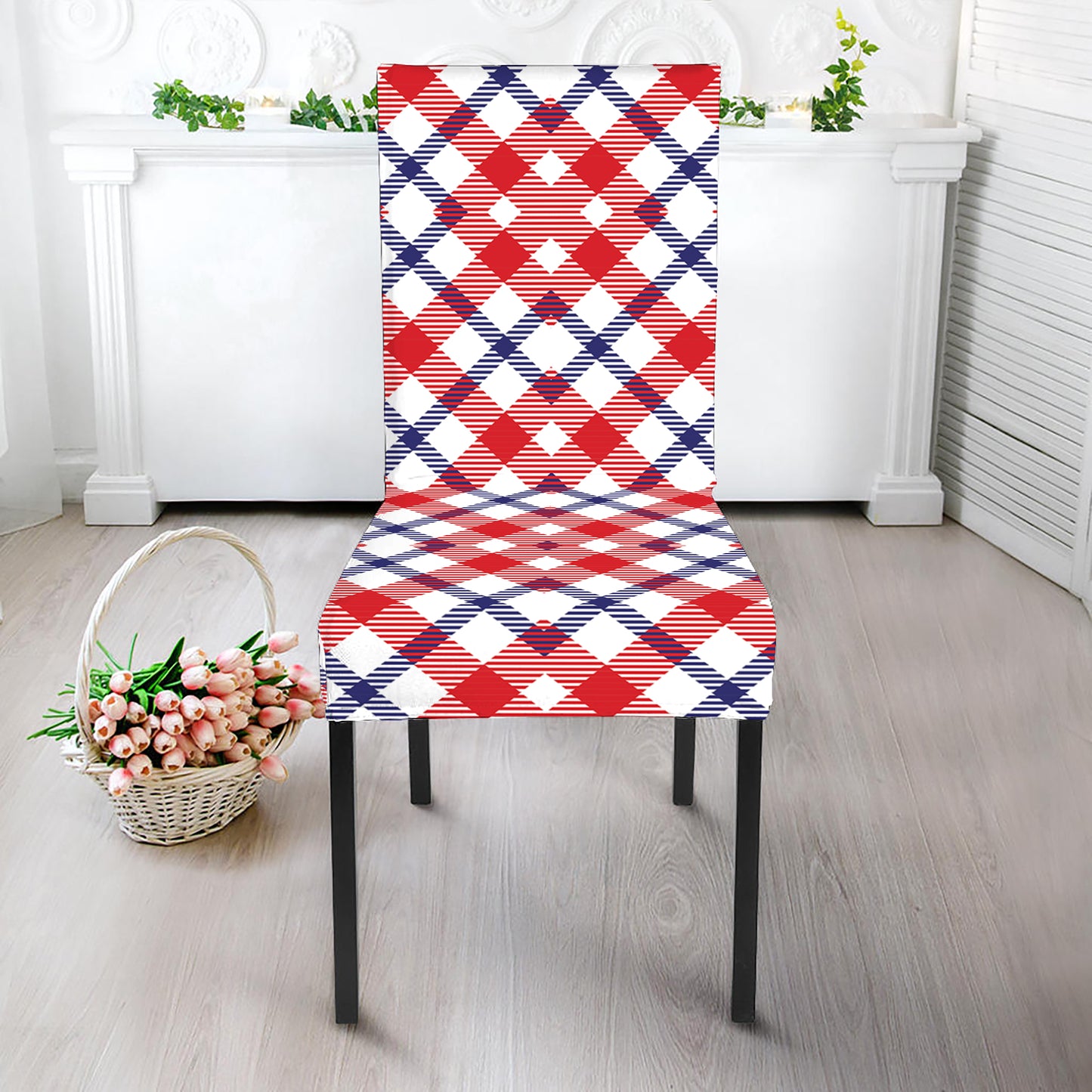 Blue Red And White American Plaid Print Dining Chair Slipcover