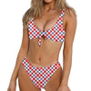 Blue Red And White American Plaid Print Front Bow Tie Bikini