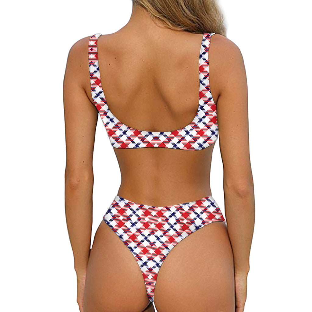Blue Red And White American Plaid Print Front Bow Tie Bikini