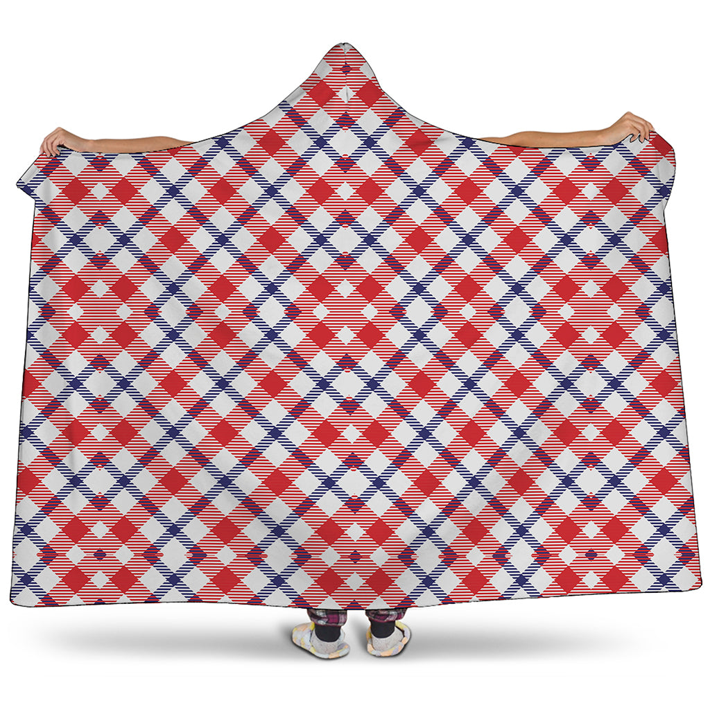 Blue Red And White American Plaid Print Hooded Blanket