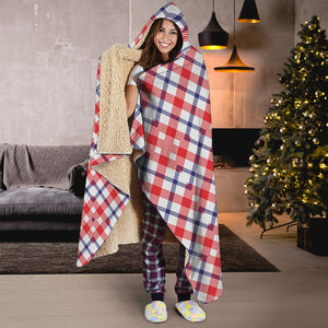 Blue Red And White American Plaid Print Hooded Blanket