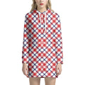 Blue Red And White American Plaid Print Pullover Hoodie Dress