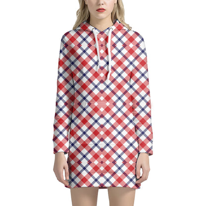 Blue Red And White American Plaid Print Hoodie Dress