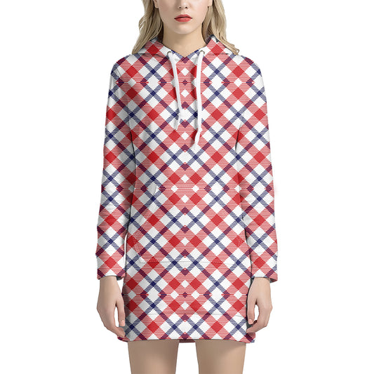 Blue Red And White American Plaid Print Hoodie Dress