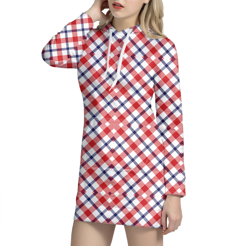 Blue Red And White American Plaid Print Hoodie Dress