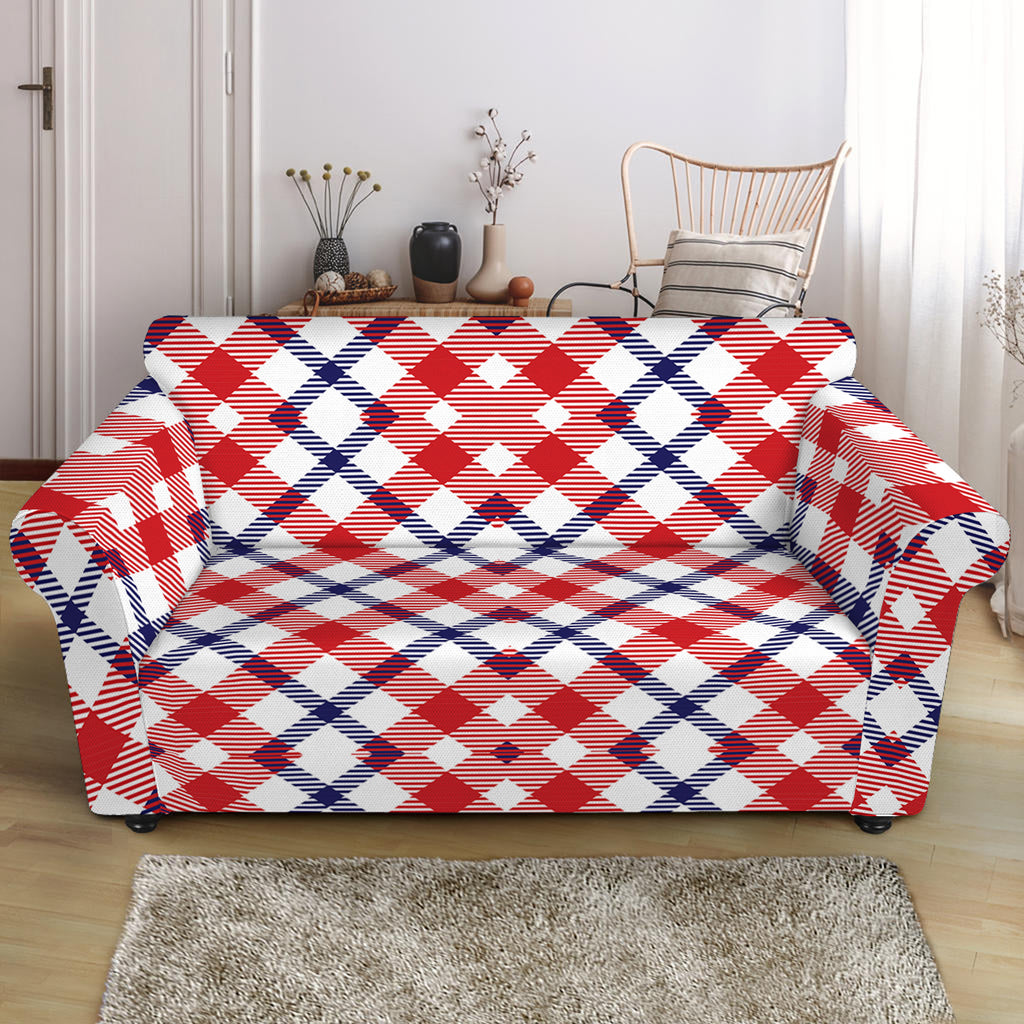 Blue Red And White American Plaid Print Loveseat Slipcover