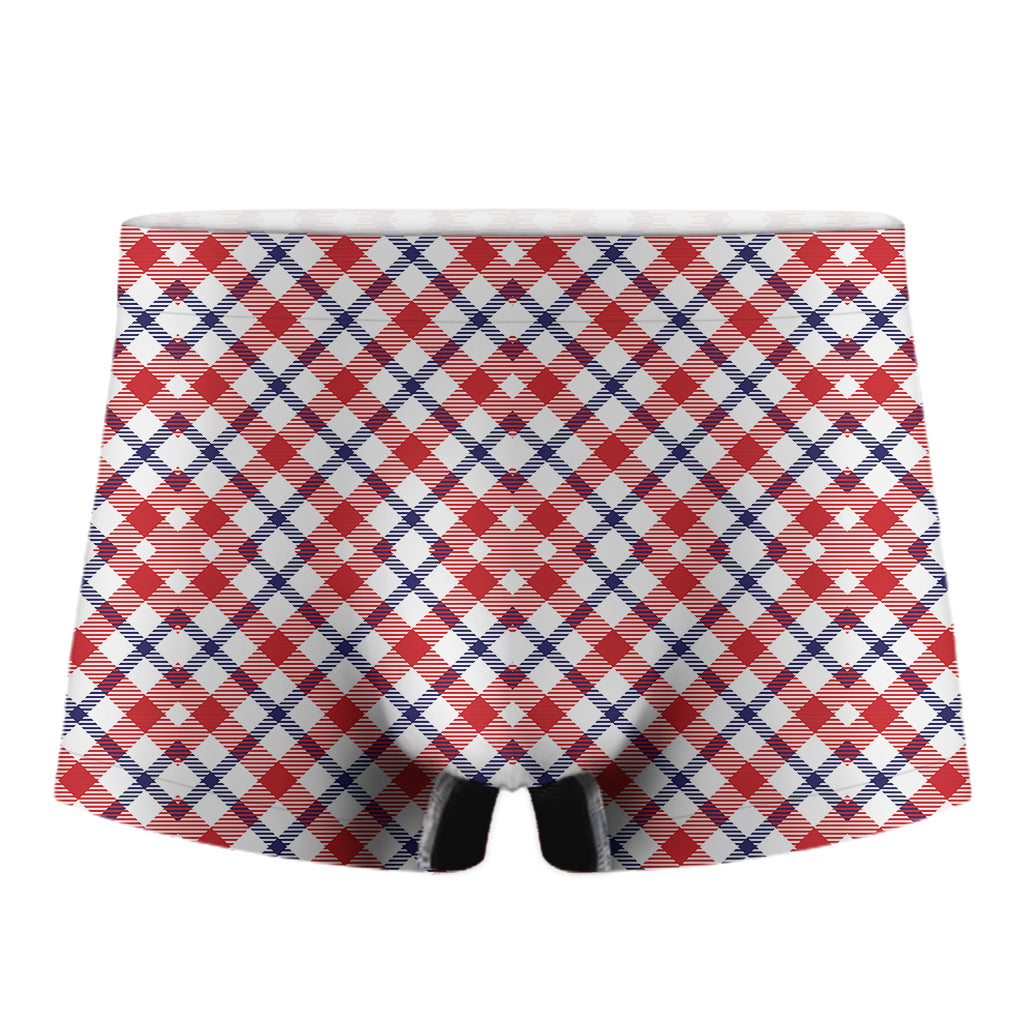 Blue Red And White American Plaid Print Men's Boxer Briefs
