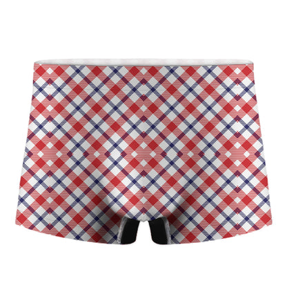 Blue Red And White American Plaid Print Men's Boxer Briefs