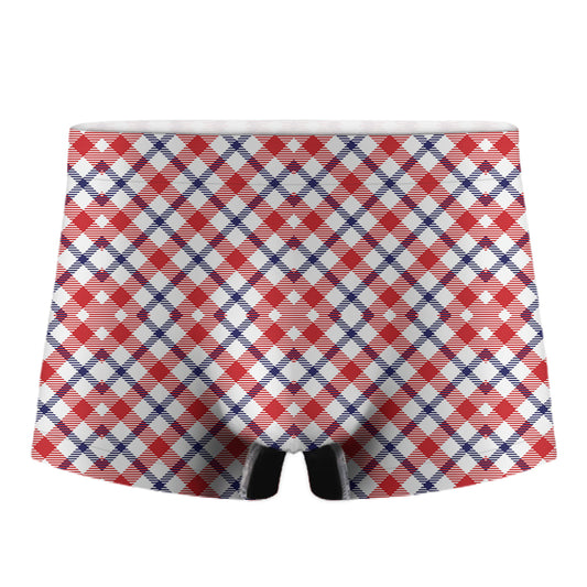 Blue Red And White American Plaid Print Men's Boxer Briefs