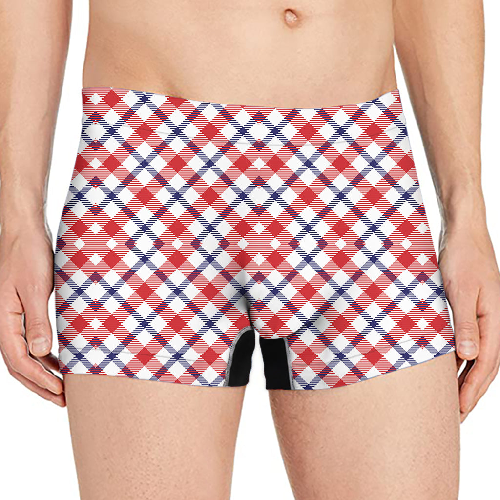 Blue Red And White American Plaid Print Men's Boxer Briefs