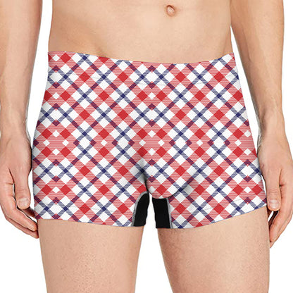 Blue Red And White American Plaid Print Men's Boxer Briefs