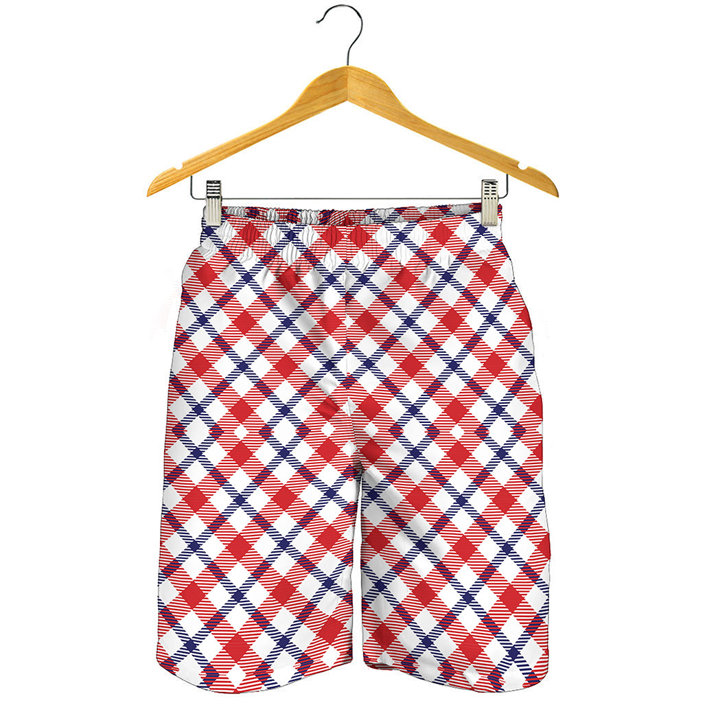 Blue Red And White American Plaid Print Men's Shorts