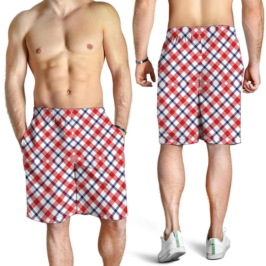 Blue Red And White American Plaid Print Men's Shorts