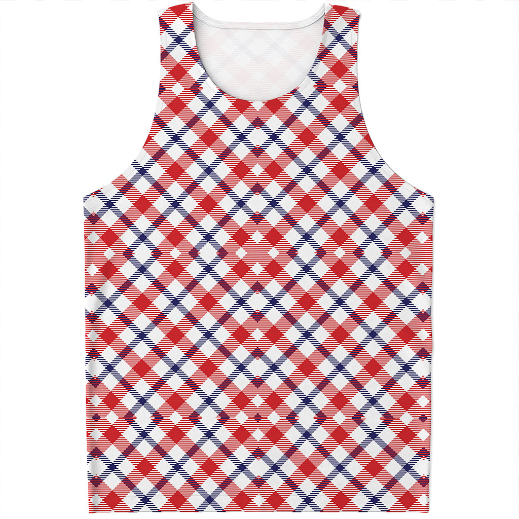 Blue Red And White American Plaid Print Men's Tank Top
