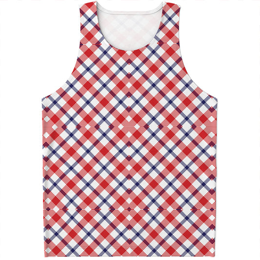 Blue Red And White American Plaid Print Men's Tank Top