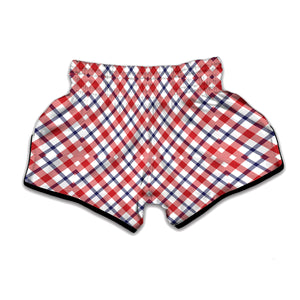 Blue Red And White American Plaid Print Muay Thai Boxing Shorts