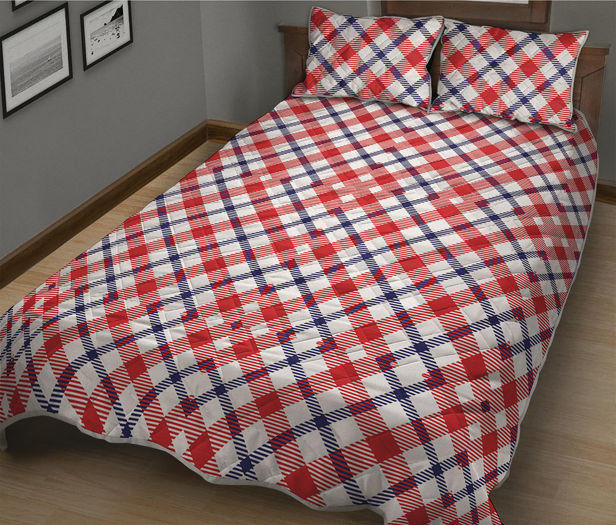 Blue Red And White American Plaid Print Quilt Bed Set