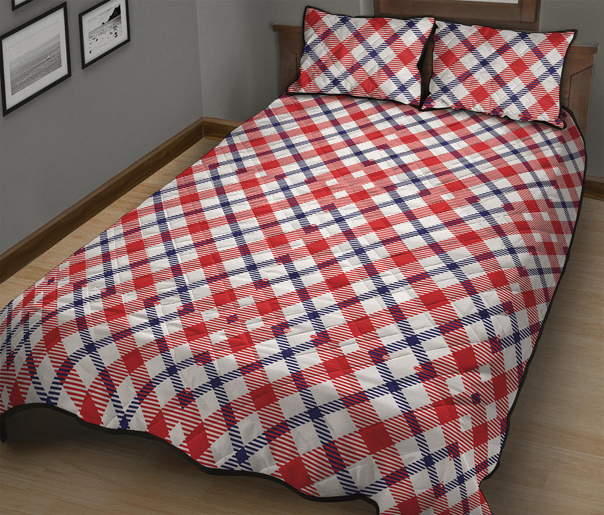 Blue Red And White American Plaid Print Quilt Bed Set