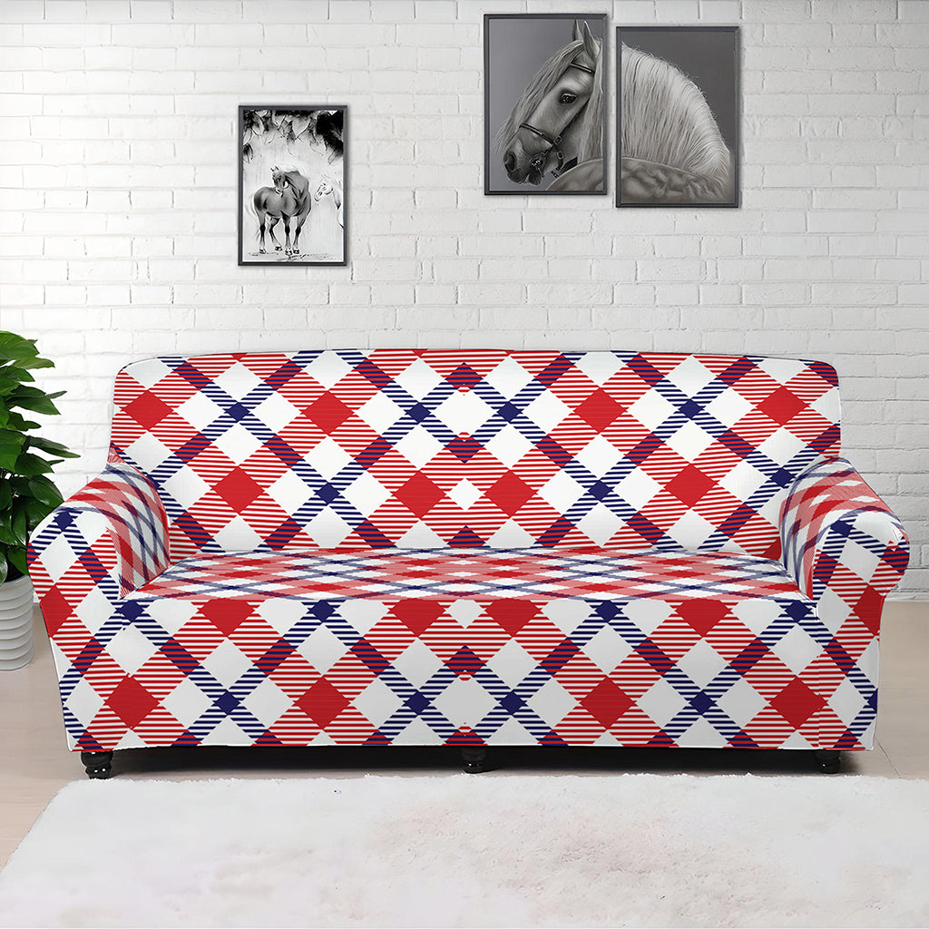 Blue Red And White American Plaid Print Sofa Cover