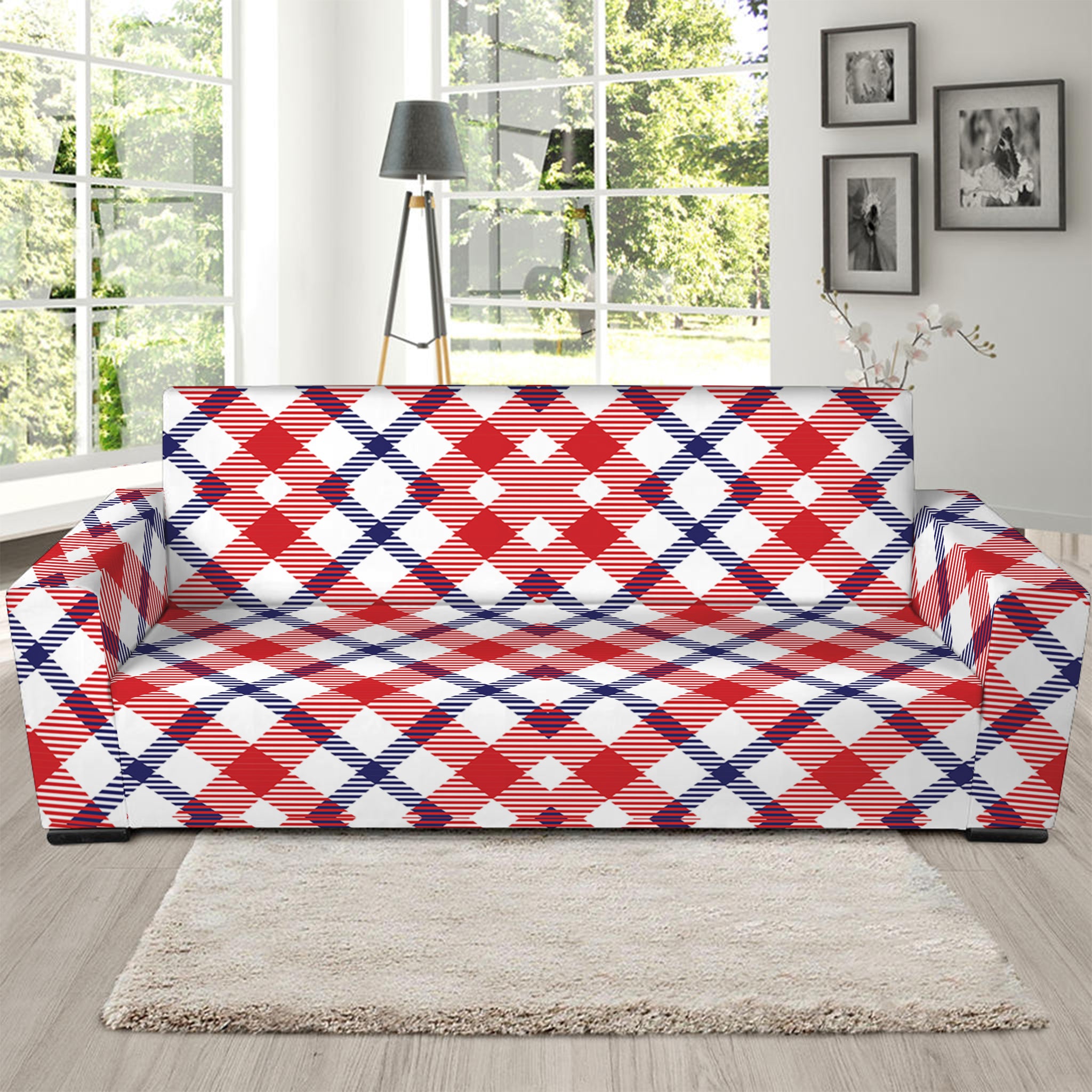 Blue Red And White American Plaid Print Sofa Slipcover