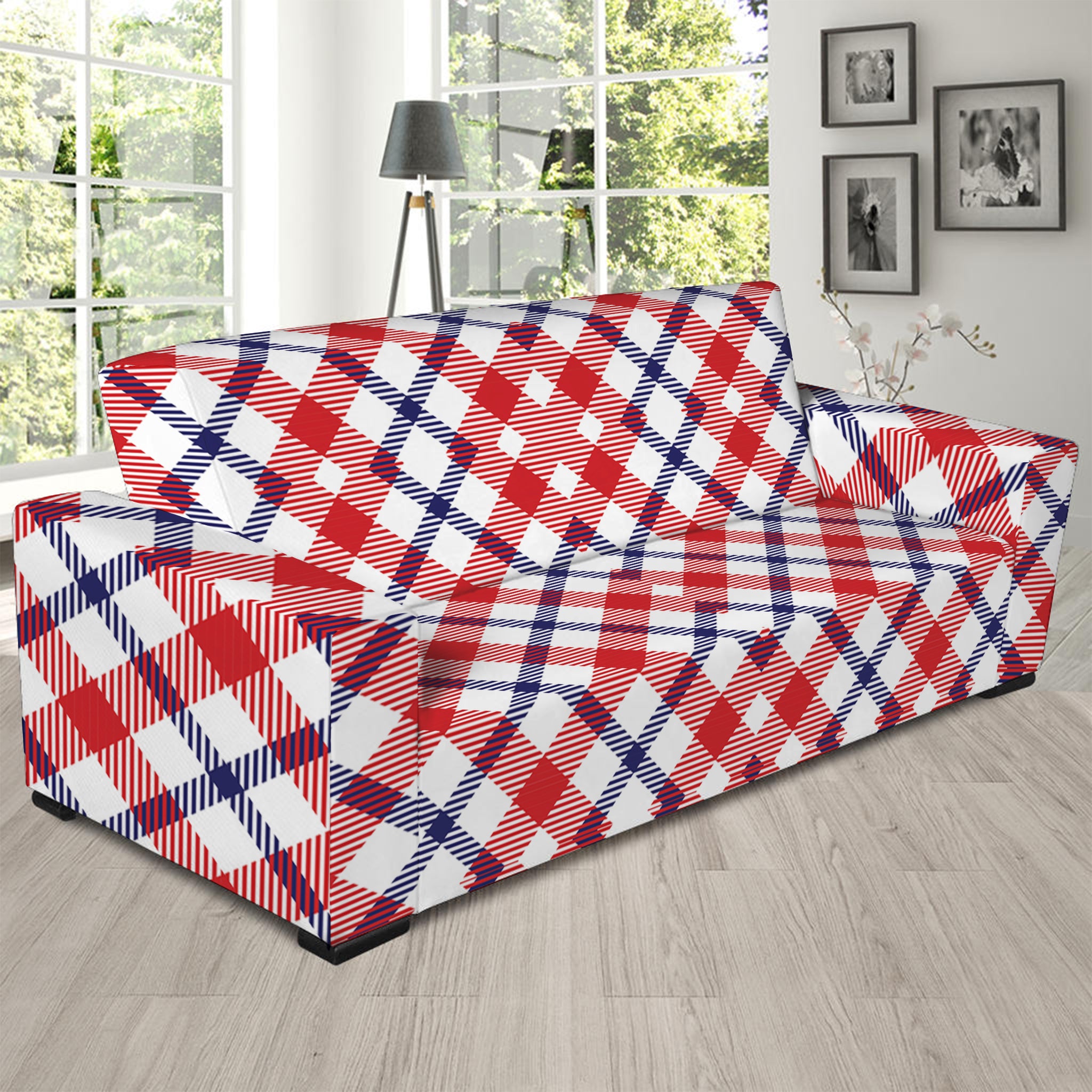 Blue Red And White American Plaid Print Sofa Slipcover