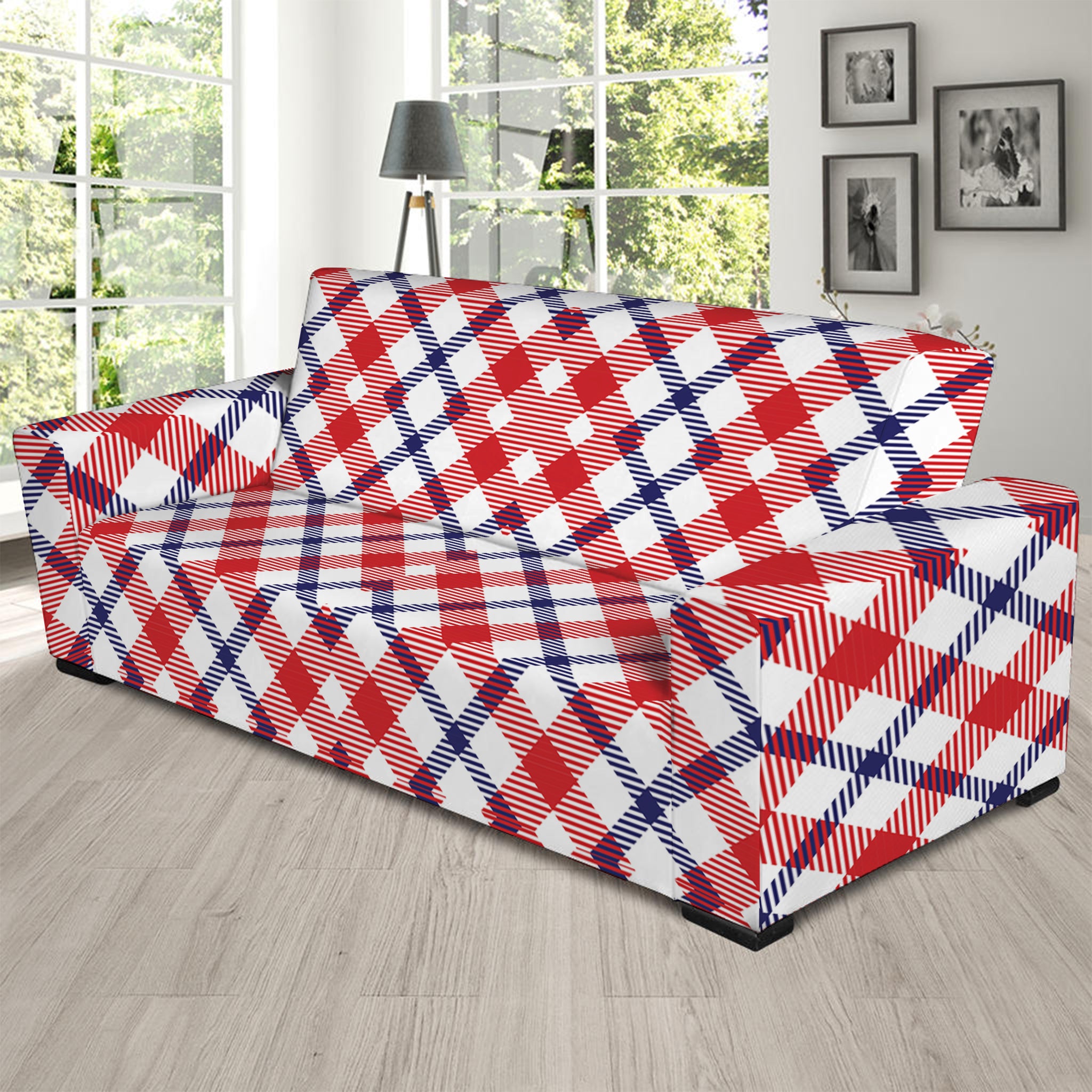 Blue Red And White American Plaid Print Sofa Slipcover