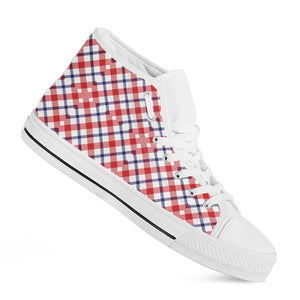 Blue Red And White American Plaid Print White High Top Shoes