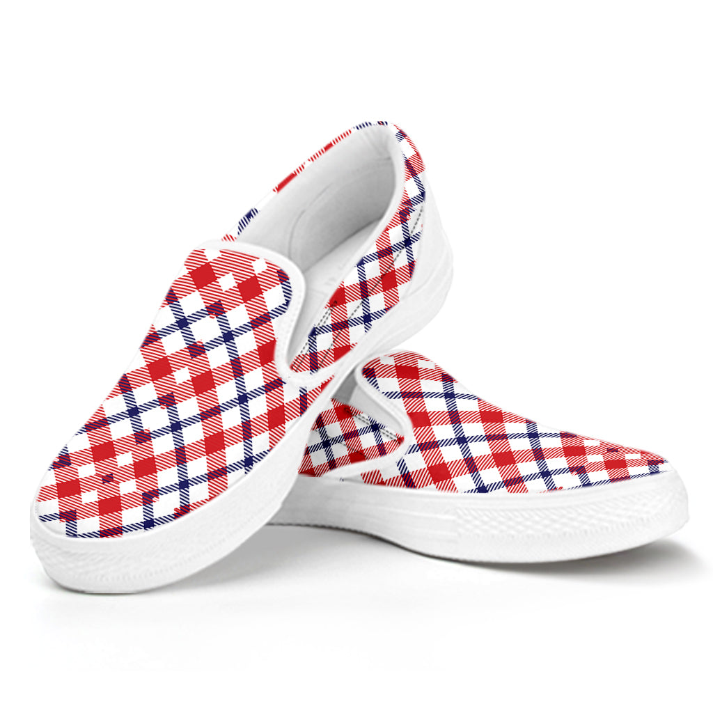 Blue Red And White American Plaid Print White Slip On Shoes