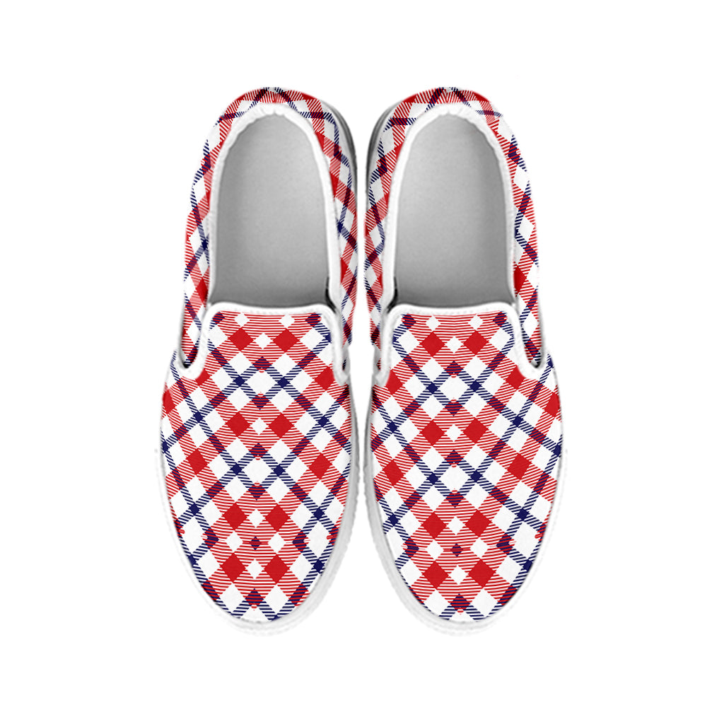 Blue Red And White American Plaid Print White Slip On Shoes