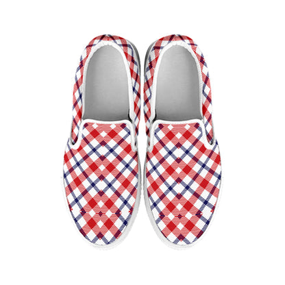 Blue Red And White American Plaid Print White Slip On Shoes