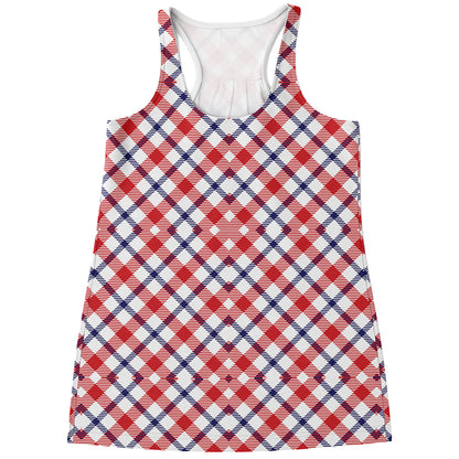 Blue Red And White American Plaid Print Women's Racerback Tank Top