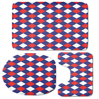 Blue Red And White Argyle Pattern Print 3 Piece Bath Mat Set