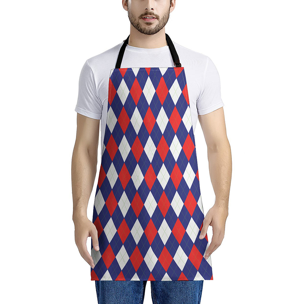 Blue Red And White Argyle Pattern Print Apron