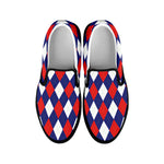 Blue Red And White Argyle Pattern Print Black Slip On Shoes