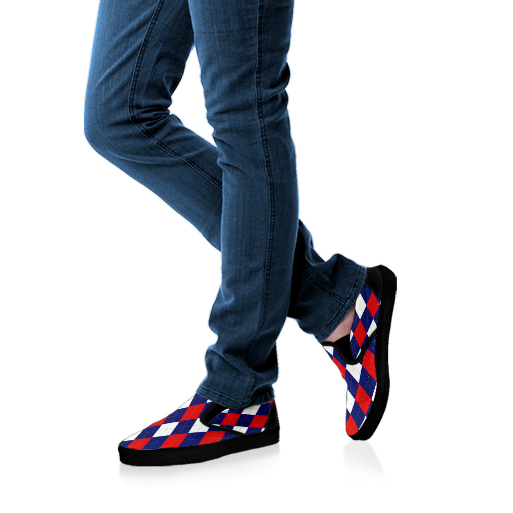 Blue Red And White Argyle Pattern Print Black Slip On Shoes