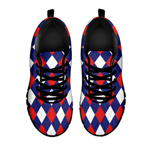 Blue Red And White Argyle Pattern Print Black Sneakers