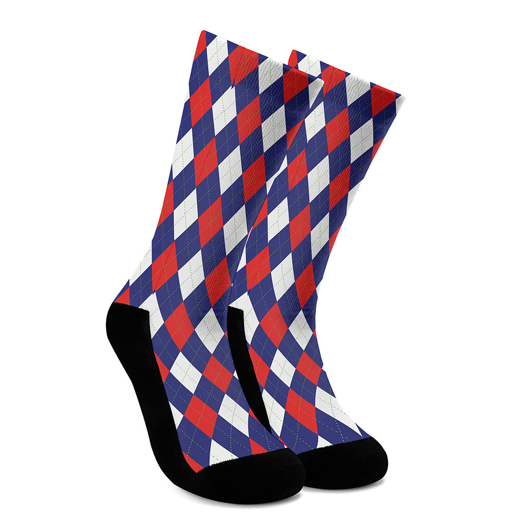 Blue Red And White Argyle Pattern Print Crew Socks